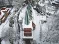 Aerial winter drone shot of old German Catholic church in Kaliningrad former Konigsberg, Russia in a snowy day