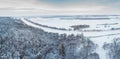 Aerial winter forest view. Drone landscape, fly above river. White trees with snow, beautiful wallpaper background. High modern ph