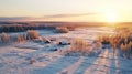 Aerial Winter Landscape: Cabincore Sunset In Rural Finland