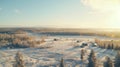 Aerial Winter Scene With Farm And Red Pine Trees