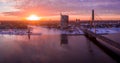 Aerial winter sunset view over Riga old town with Dome cathedral