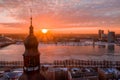 Aerial winter sunset view over Riga old town with Dome cathedral