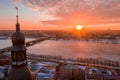 Aerial winter sunset view over Riga old town with Dome cathedral