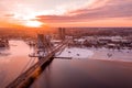 Aerial winter sunset view over Riga old town with Dome cathedral