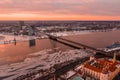Aerial winter sunset view over Riga old town with Dome cathedral
