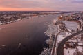 Aerial winter sunset view over Riga old town with Dome cathedral