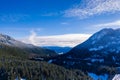 Aerial of winter valley from ski resort