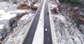 Aerial winter view countryside snowy road track