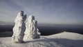 Aerial winter view of giants of the Manpupuner Plateau, Komi Republic. Clip. Geological monuments covered by snow.