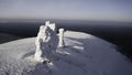 Aerial winter view of giants of the Manpupuner Plateau, Komi Republic. Clip. Geological monuments covered by snow.