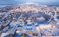 Aerial winter view of Kiruna, the northernmost town in Sweden, province of Lapland, winter sunny picture shot from drone