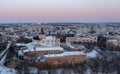 Aerial winter view of Monastery of the Bare Carmelites in Berdichev, Ukraine. Travel destinations across Ukraine