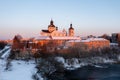 Aerial winter view of Monastery of the Bare Carmelites in Berdichev, Ukraine. Travel destinations across Ukraine