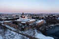 Aerial winter view of Monastery of the Bare Carmelites in Berdichev, Ukraine. Travel destinations across Ukraine