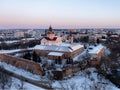 Aerial winter view of Monastery of the Bare Carmelites in Berdichev, Ukraine. Travel destinations across Ukraine