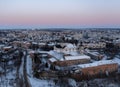 Aerial winter view of Monastery of the Bare Carmelites in Berdichev, Ukraine. Travel destinations across Ukraine