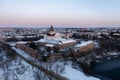 Aerial winter view of Monastery of the Bare Carmelites in Berdichev, Ukraine. Travel destinations across Ukraine
