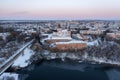 Aerial winter view of Monastery of the Bare Carmelites in Berdichev, Ukraine. Travel destinations across Ukraine