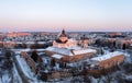 Aerial winter view of Monastery of the Bare Carmelites in Berdichev, Ukraine. Travel destinations across Ukraine