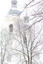 Aerial winter view. Saint Albert Roman Catholic Church in Riga on a winter day. Latvia.The Baltic States.