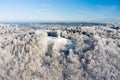 Aerial winter view of the Three Crosses monument overlooking Vilnius Old Town on sunset Royalty Free Stock Photo