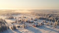 Aerial Winter Village Landscape: Sunrays, Indigenous Culture, And Soft Mist