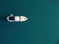 Aerial yacht on calm sea. Luxury cruise trip. View from above of white boat on deep blue water. Aerial top down view of Royalty Free Stock Photo