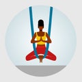 Aerial yoga. African American woman sits in a lotus position, cross-legged and meditating.vector illustration