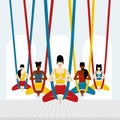 Aerial yoga. Womans sits in a lotus position, cross-legged and meditating. vector illustration