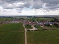 Aerian view on green grand cru and premier cru vineyards with rows of pinot noir grapes plants in Cote de nuits, making of famous