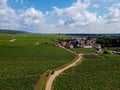 Aerian view on green grand cru and premier cru vineyards with rows of pinot noir grapes plants in Cote de nuits, making of famous