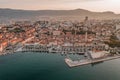 Aeril drone shot of Diocletian Palace in rising sun light morning in Split old town Croatia