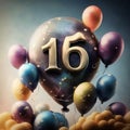 aero design big balloon with number 16 and more balloons in the air congratulatory poster postcard.