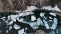 Aero shot. Huge pieces of ice on the river during the ice debacle