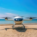 aero-taxi prototype landed on a beach in a clear day, AI generated Royalty Free Stock Photo