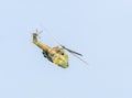 Aerobatic elicopter pilots training in the sky of the city. Puma elicopter, navy, army drill Royalty Free Stock Photo