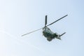 Aerobatic elicopter pilots training in the sky of the city. Puma elicopter, navy, army drill Royalty Free Stock Photo