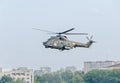 Aerobatic elicopter pilots training in the sky of the city. Puma elicopter, navy, army drill Royalty Free Stock Photo