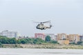 Aerobatic elicopter pilots training in the sky of the city. Puma elicopter, navy drill. Aeroshow