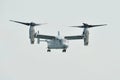 Aerobatic flying display by US Air Force (USAF) MV-22 Osprey tilt-rotor aircraft at Singapore Airshow