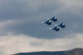 Aerobatic team Russian Knights at air show. Cloudy sky in the ba Royalty Free Stock Photo