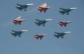 Aerobatic team `Swifts` and `Russian knights` aircraft `su-30cm and MiG-29` made the salute during a rehearsal of the Victory para