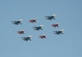 Aerobatic team `Swifts` and `Russian knights` aircraft `su-30cm and MiG-29` during the rehearsal of the parade dedicated to the 72