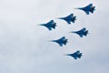 Aerobatics performed by aviation group of aerobatics Military-air forces Russian Knights on planes Su-27