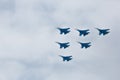 Aerobatics performed by aviation group of aerobatics Military-air forces Russian Knights on planes Su-27