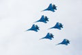 Aerobatics performed by aviation group of aerobatics Military-air forces Russian Knights on planes Su-27 Royalty Free Stock Photo