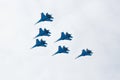 Aerobatics performed by aviation group of aerobatics Military-air forces Russian Knights on planes Su-27 Royalty Free Stock Photo