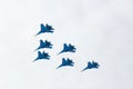 Aerobatics performed by aviation group of aerobatics Military-air forces Russian Knights on planes Su-27