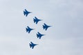 Aerobatics performed by aviation group of aerobatics Military-air forces Russian Knights on planes Su-27 Royalty Free Stock Photo