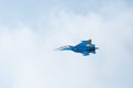 Aerobatics performed by aviation group of aerobatics Military-air forces Russian Knights on planes Su-27 Royalty Free Stock Photo